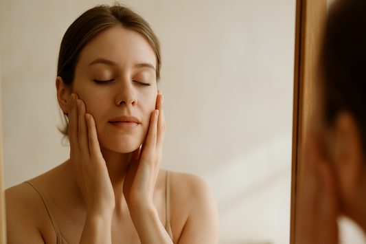 Young woman with makeup-free skin touches her face in front of a warm mirror, reflecting peace during her spiritual skincare ritual.