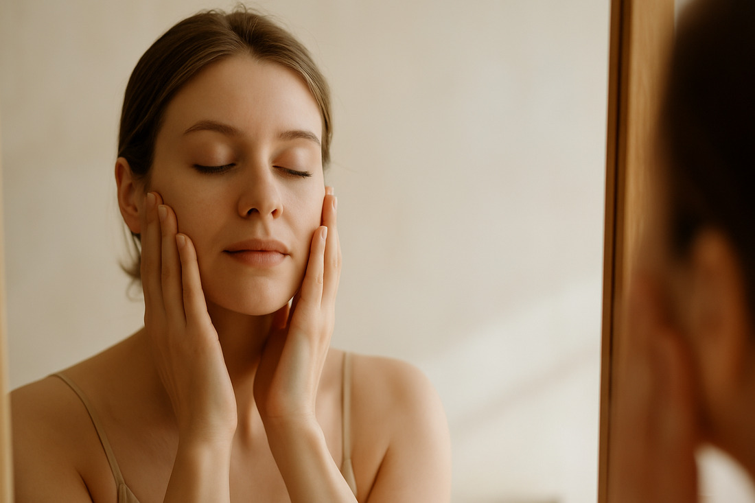 Young woman with makeup-free skin touches her face in front of a warm mirror, reflecting peace during her spiritual skincare ritual.