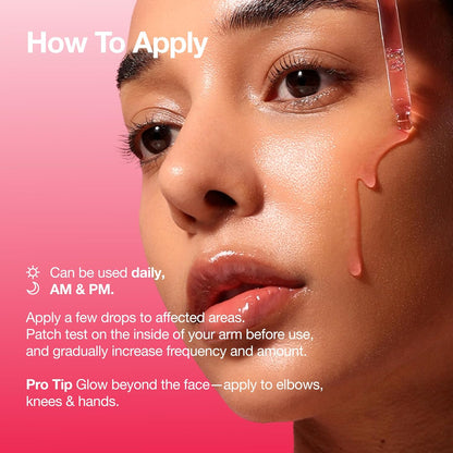 Close-up of a person's face with skincare product application instructions on a pink background