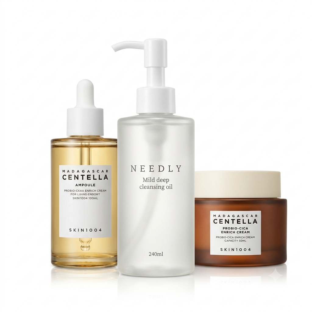 HanBeauty Sinergy Barrier Calm Reset Set with NEEDLY cleanser, SKIN1004 Centella Ampoule and Probio-Cica Cream