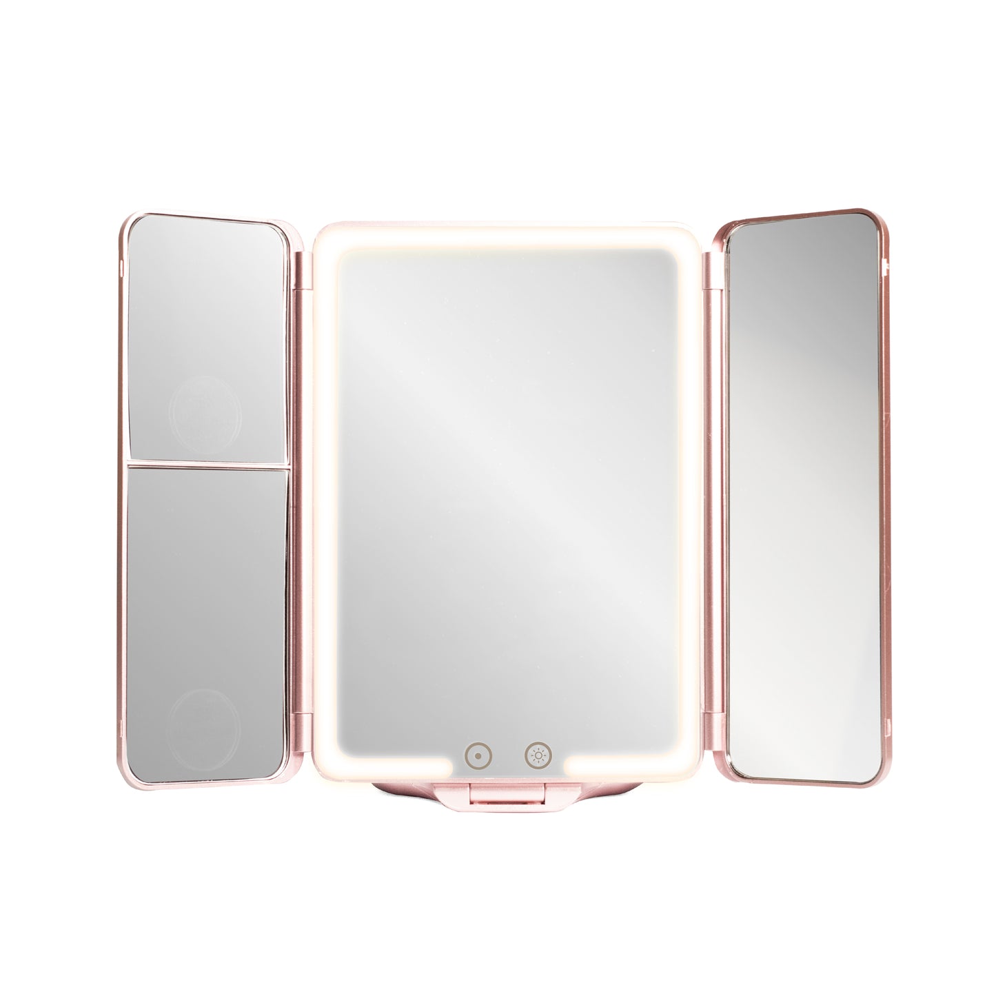Tri-fold makeup mirror with LED lights on a white background