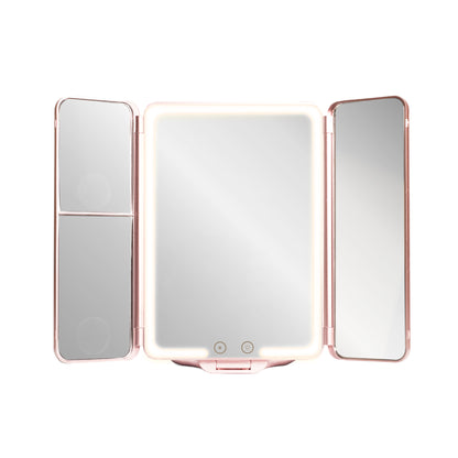 Tri-fold makeup mirror with LED lights on a white background