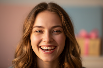 Woman with a bright smile in front of a blurred indoor background